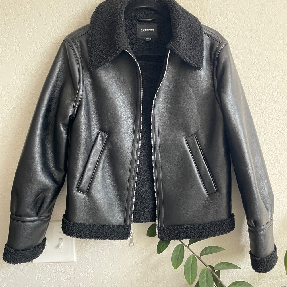Express Women's Black Leather + Sherling Jacket